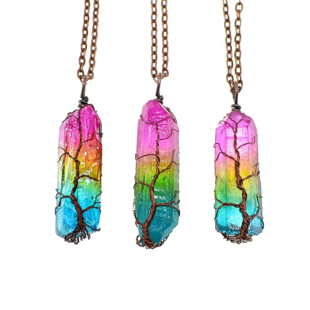 Stone Crystal Pillar Tree Of Life Pendant Ins Fashion Necklace