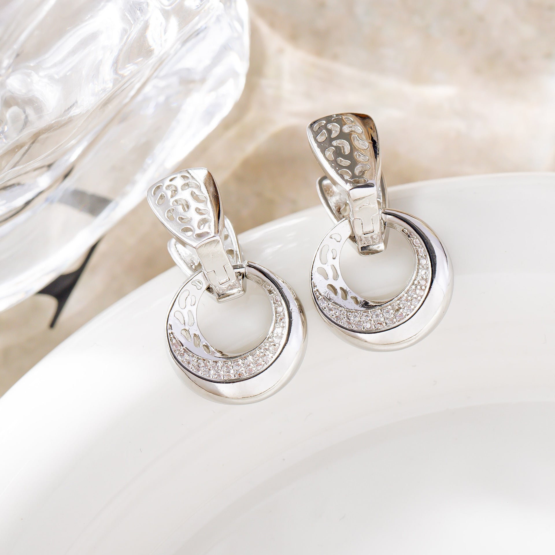 Luxury Hollow Round Moon Rose Gold Silver Color Drop Earrings