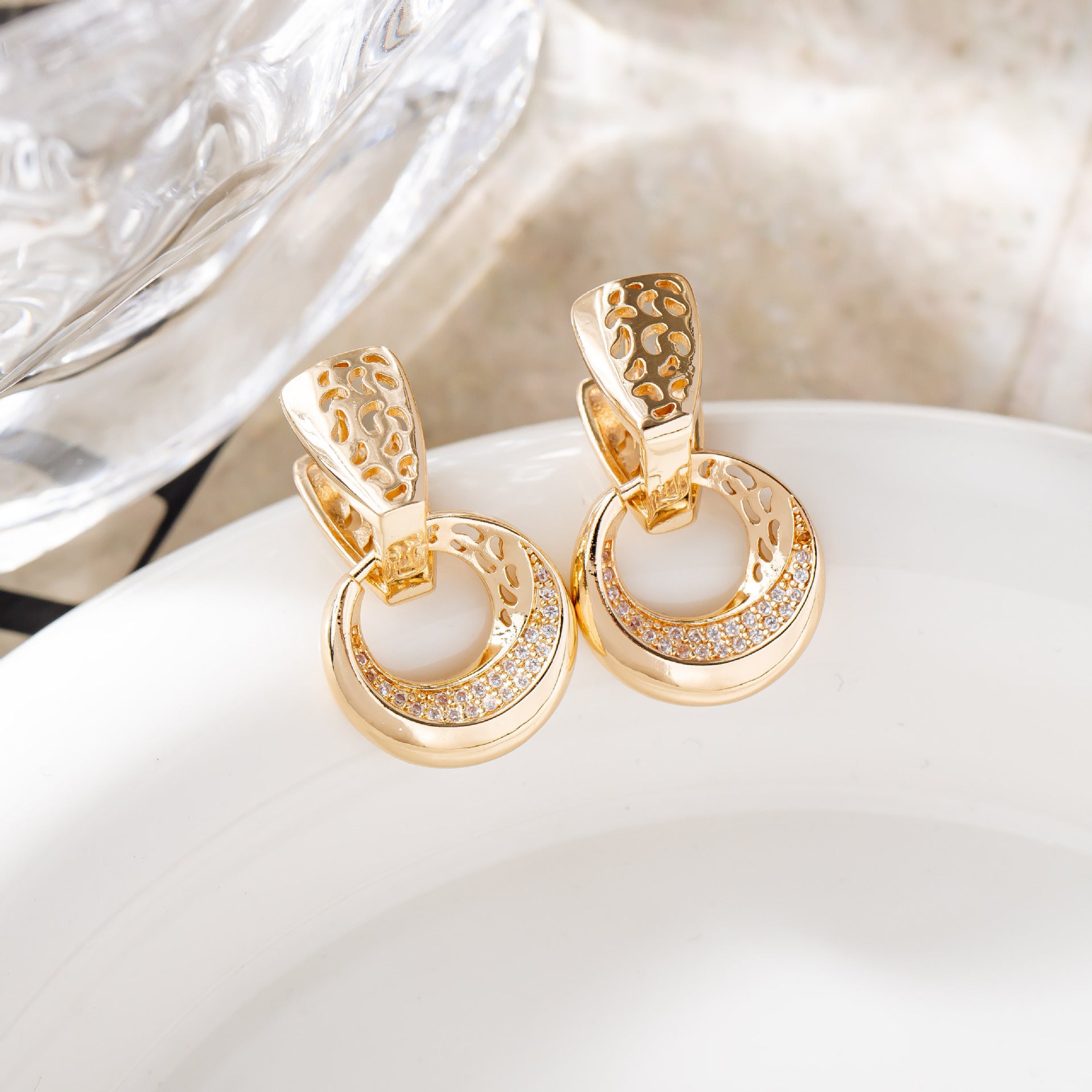 Luxury Hollow Round Moon Rose Gold Silver Color Drop Earrings
