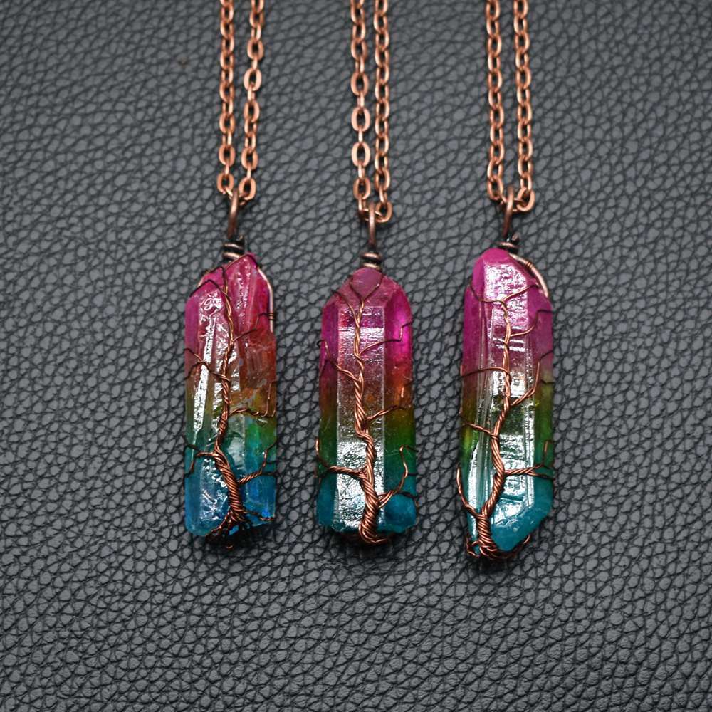 Stone Crystal Pillar Tree Of Life Pendant Ins Fashion Necklace