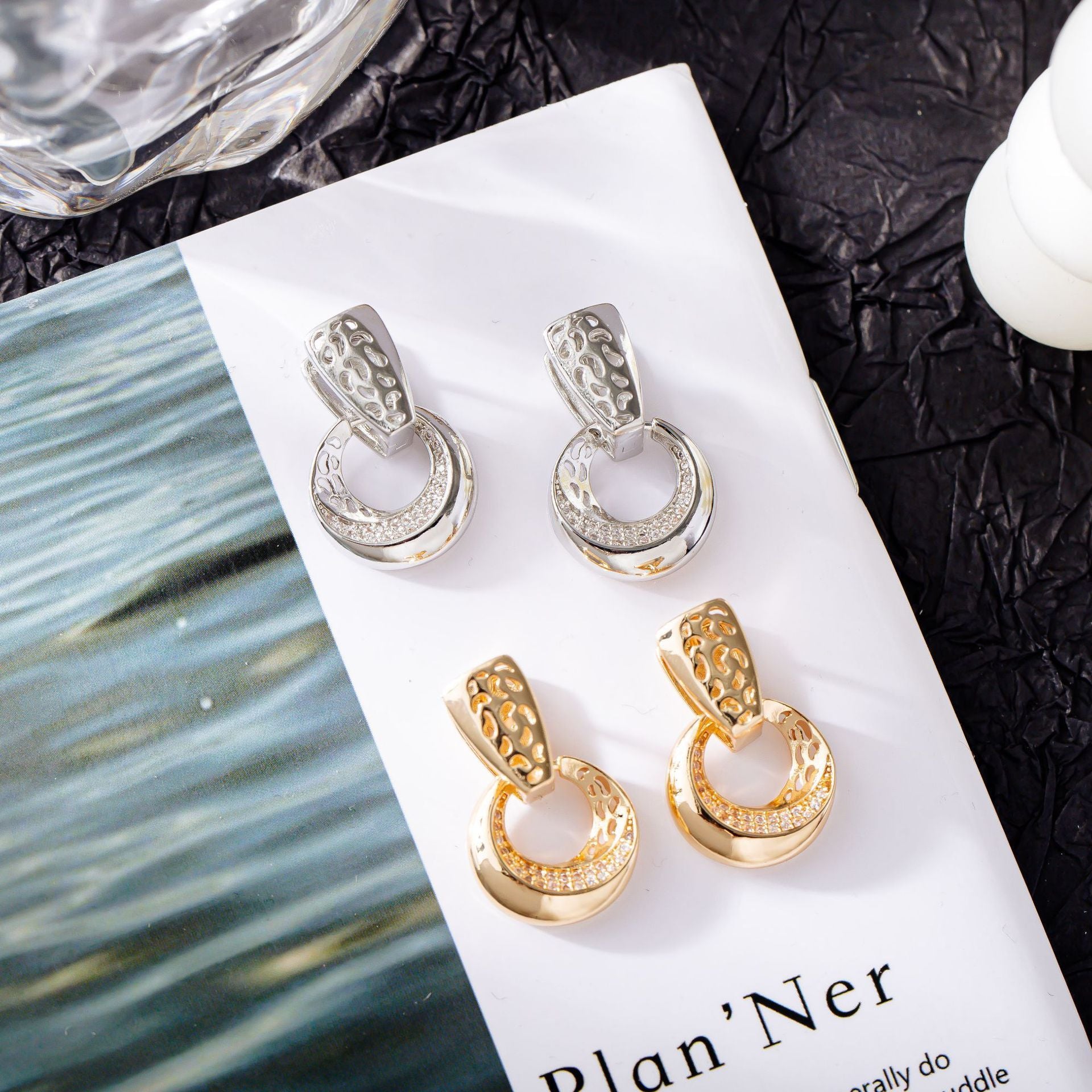 Luxury Hollow Round Moon Rose Gold Silver Color Drop Earrings