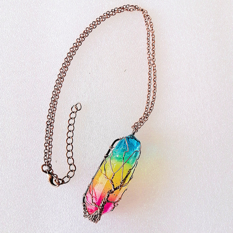 Stone Crystal Pillar Tree Of Life Pendant Ins Fashion Necklace
